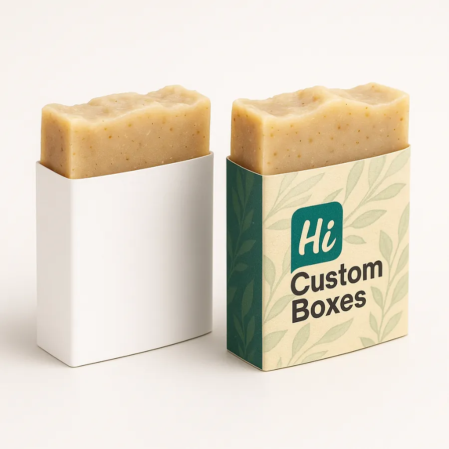 Two bars of soap in holster sleeves- one white- one custom-printed with a leaf pattern- class=